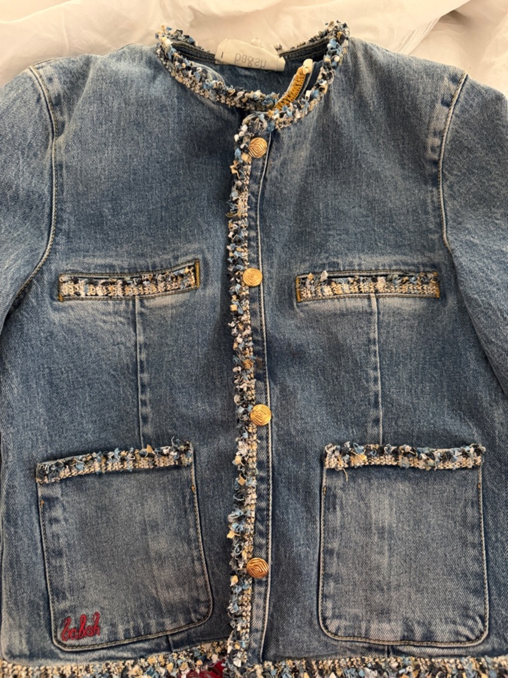 ba&sh Denim Jean Jacket with Tweed Trim in Light Blue and Gold Buttons